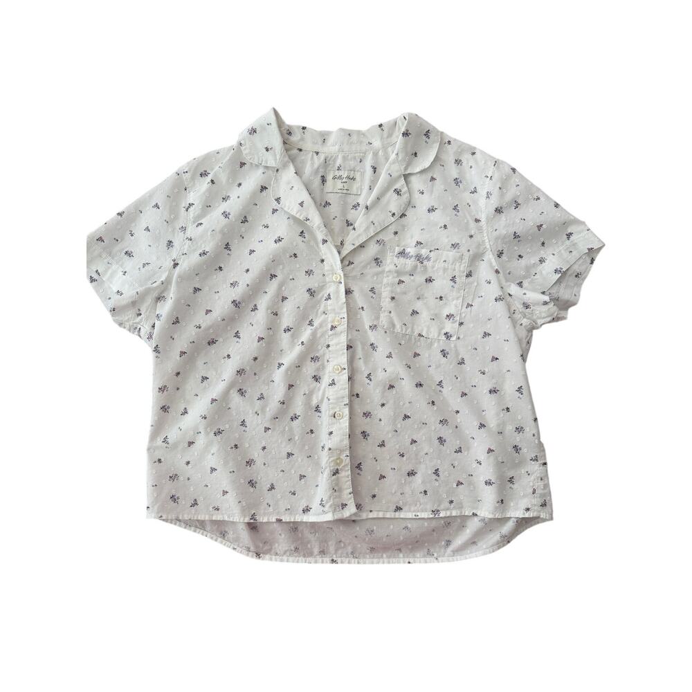 Gilly Hicks Sleep Pajama Top Large White Floral Swiss Dot 100% Cotton Button